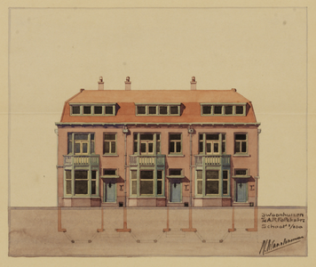 216255 Plattegrond en opstand van de voorgevel van het ontwerp voor een blok van drie huizen aan de A.R. Falckstraat ...